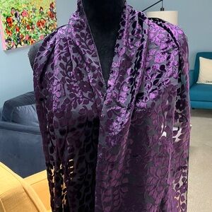 Elegant Purple Floral Scarf Sheer with Velvety Burn Out Design 63” by 13 1/2”